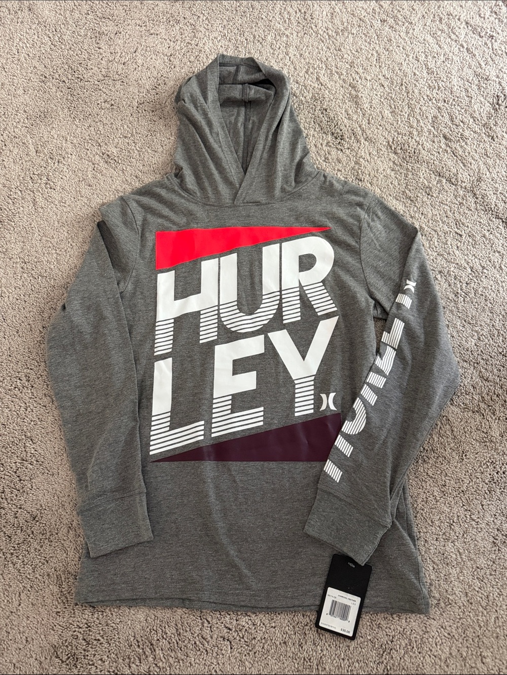 New with tags Hurley Gray Crewneck Hoodie with White Logo and Red Accents